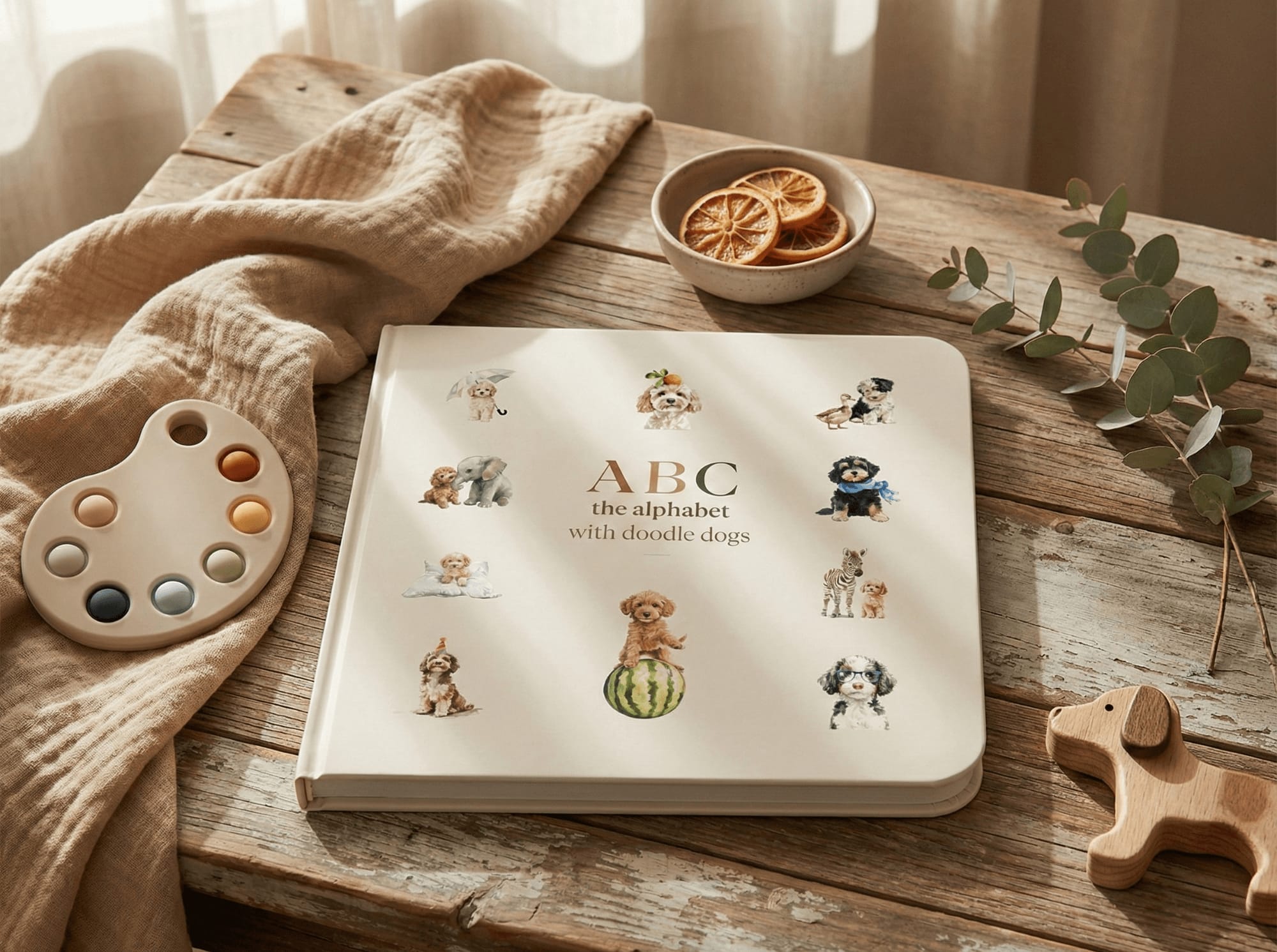 ABC Doodle Dogs book styled on a rustic table with natural toys and dried botanicals