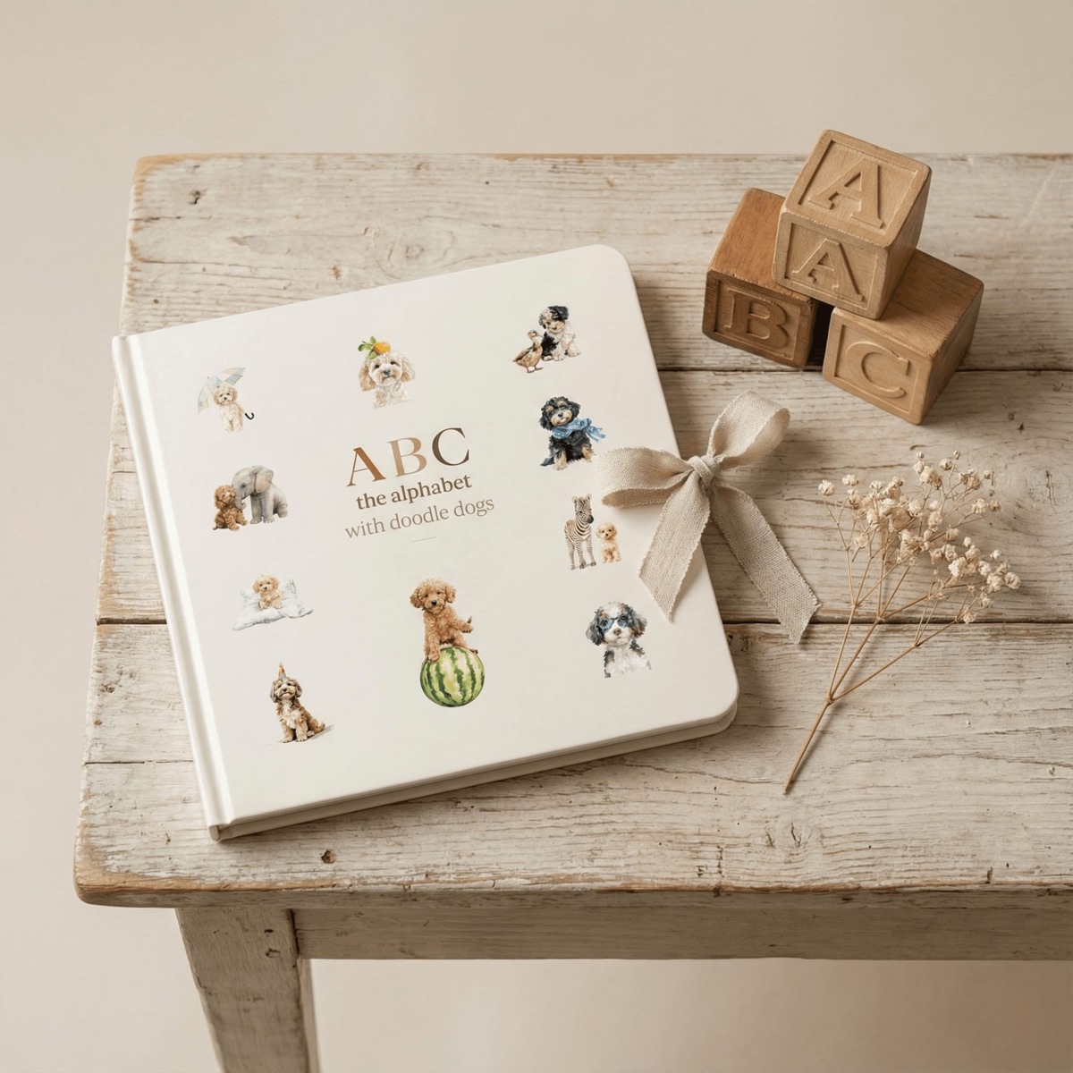 ABC the Alphabet with Doodle Dogs board book, styled with wooden alphabet blocks