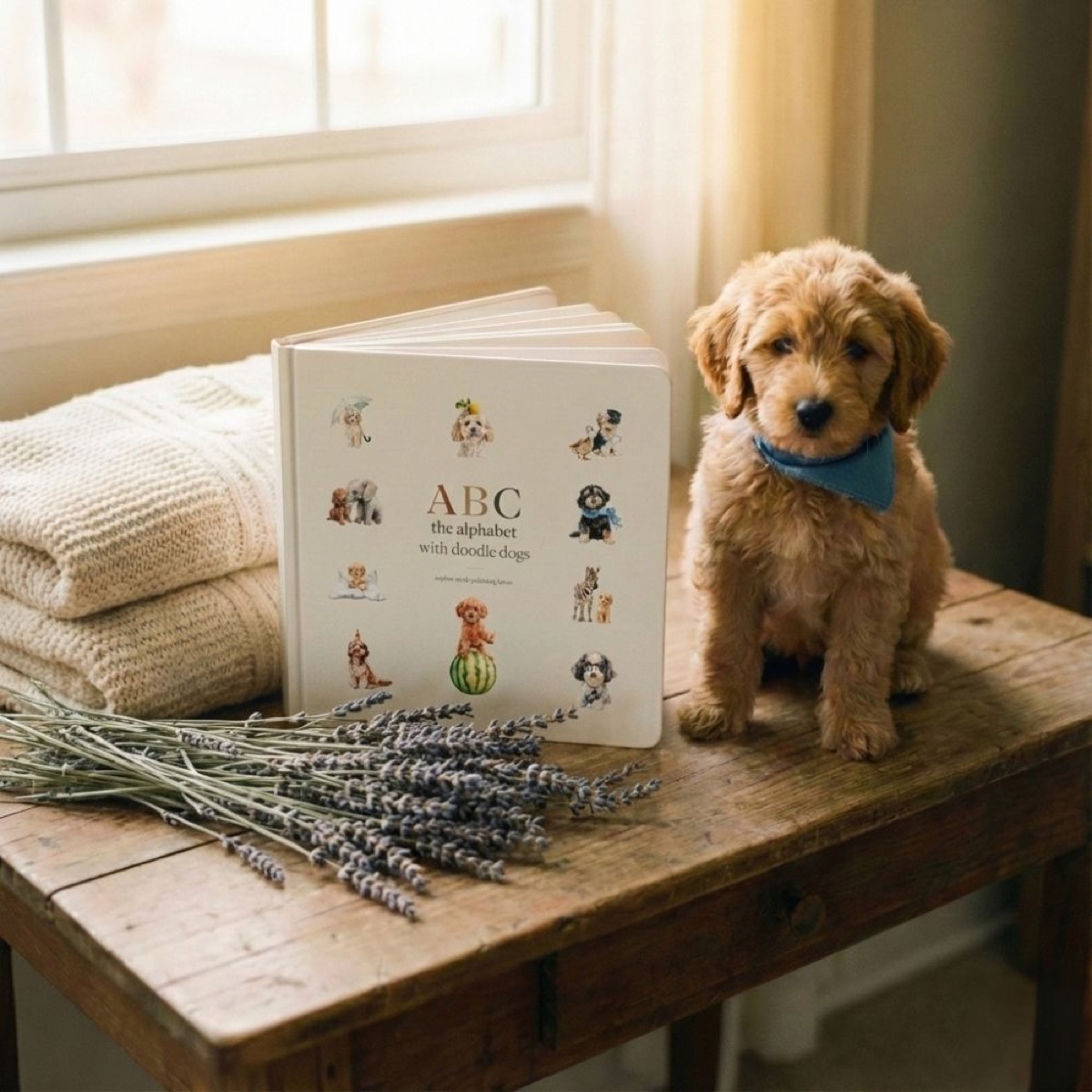 A puppy sitting next to the ABC Doodle Dogs board book