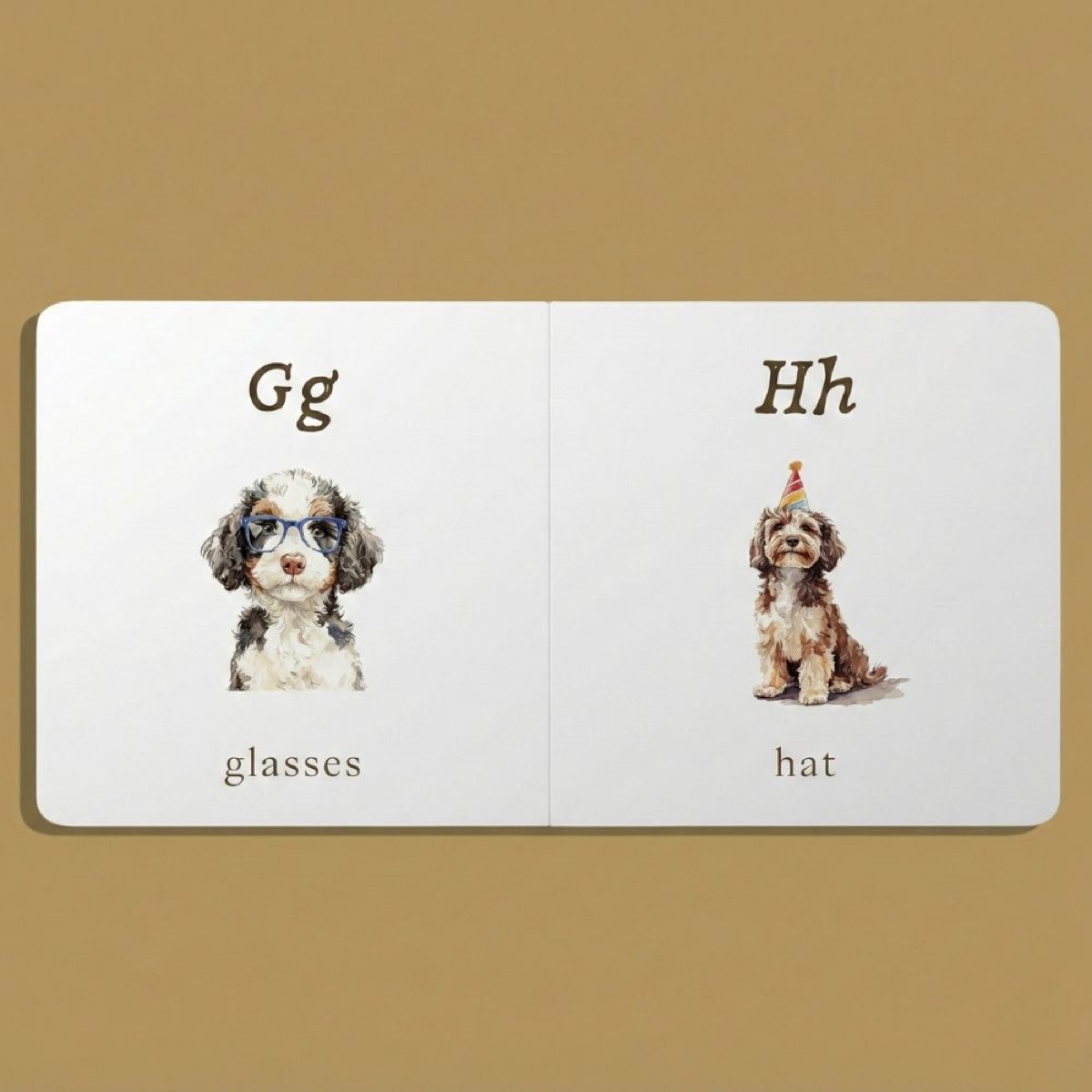 Open spread of the ABC book showing the letters G and H