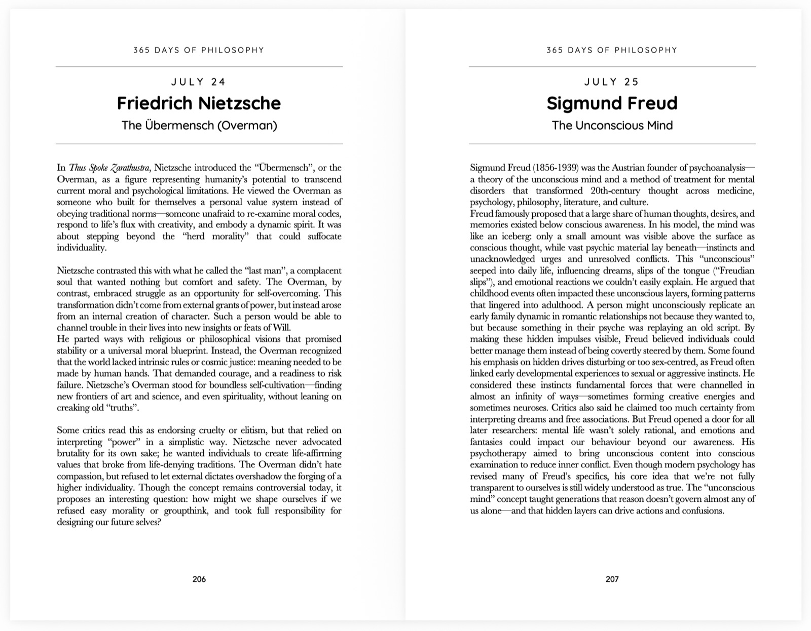 Interior spread from 365 Days of Philosophy showing Friedrich Nietzsche on 24 July and Sigmund Freud on 25 July
