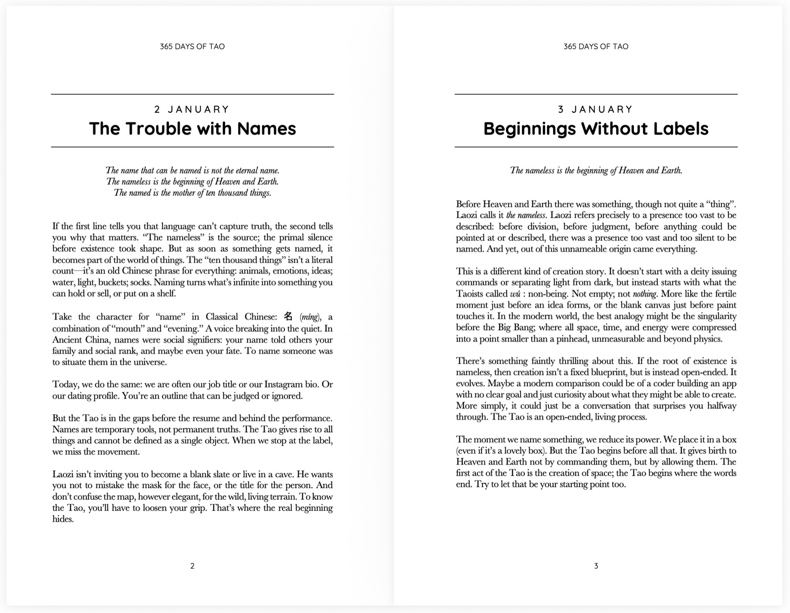 Interior spread from 365 Days of Tao showing The Trouble with Names on 2 January and Beginnings Without Labels on 3 January